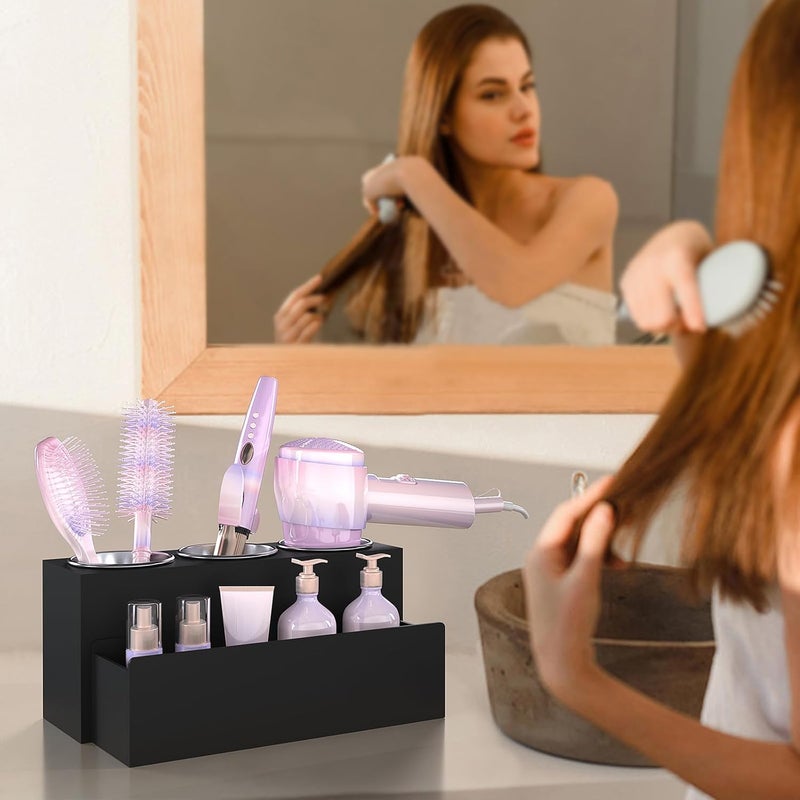 PITBVO Hair Tool Organizer, Detachable Acrylic Hair Dryer Holder for Bathroom, Hair Styling Accessories Curling Iron Hot Tools Organizer with 3 Cups, Countertop Vanity Storage (Matte Black) - Image 2